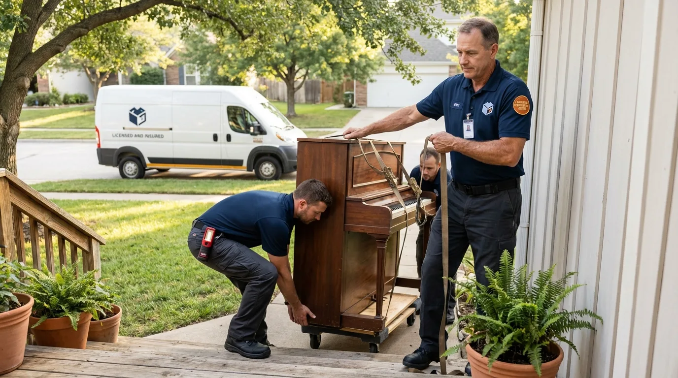 Licensed piano movers securing grand piano in Buckland, MA