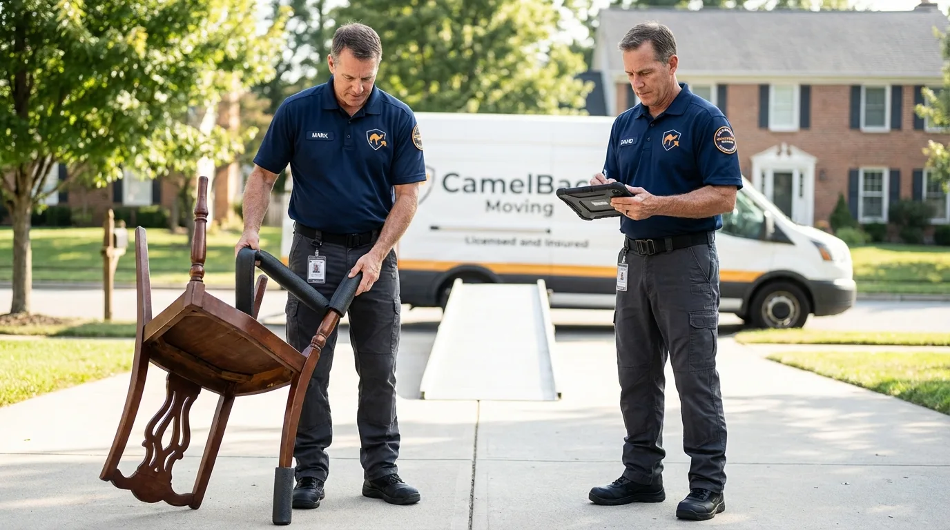 Movers inspecting furniture for damage prevention before loading in Buckland, MA