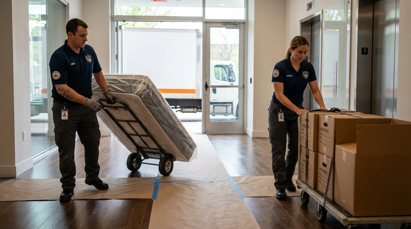 Professional apartment movers loading elevator in Buckland, MA