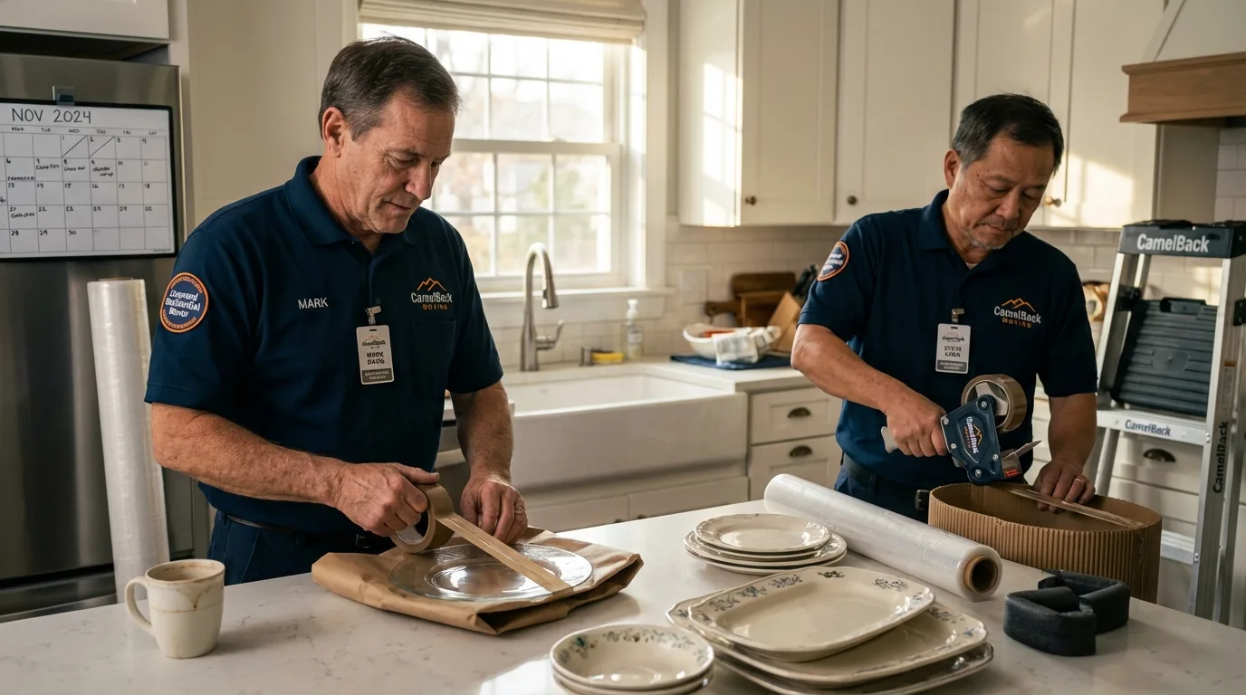 Professional crew packing kitchen dishware in Buckland, MA